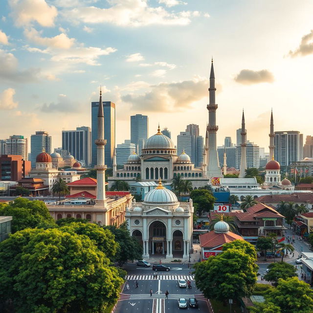 A vibrant cityscape showcasing architectural diversity with Muslim mosques as the focal point