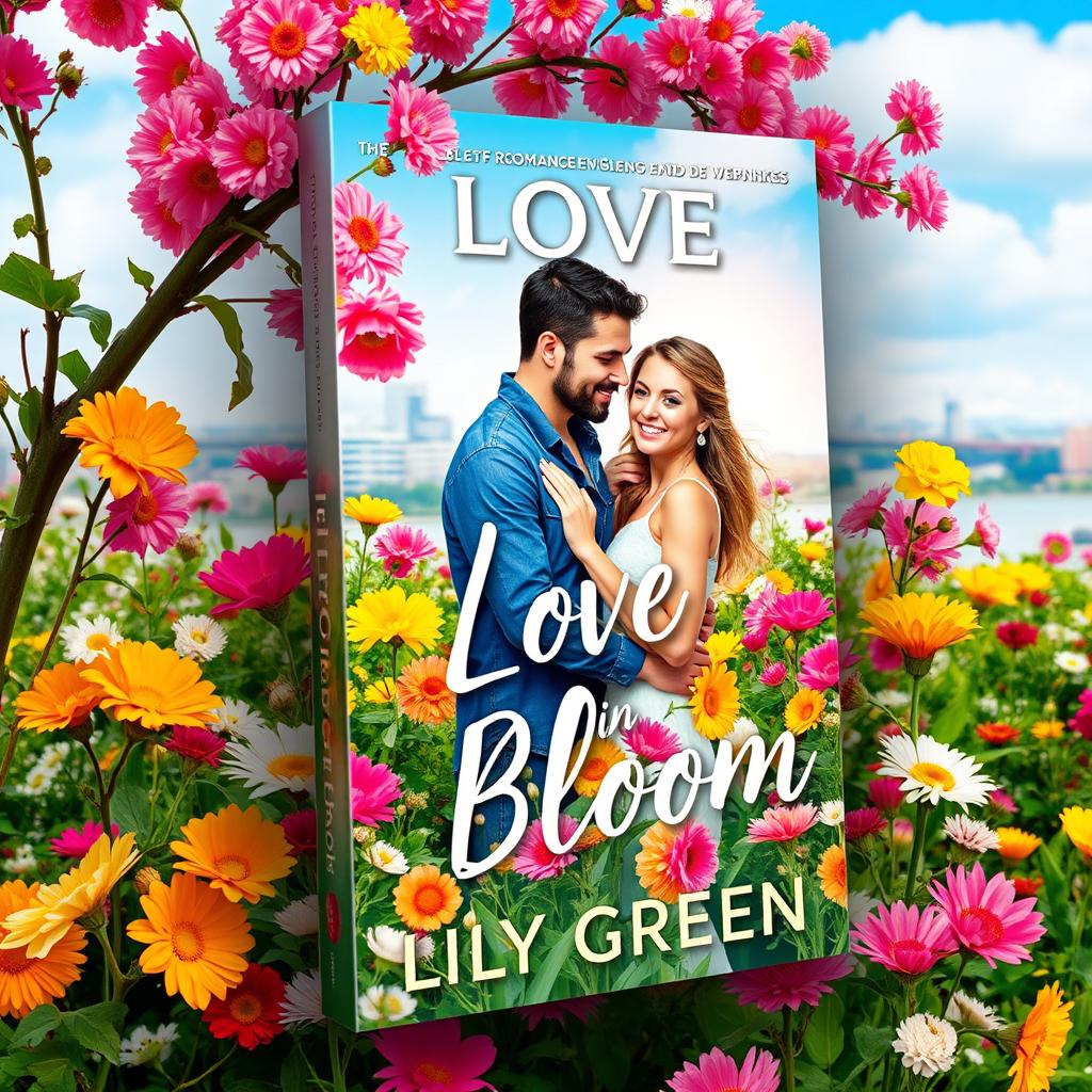 Design a vibrant and colorful book cover for "Love in Bloom" by Lily Green, featuring a couple surrounded by a lush array of flowers, symbolizing romance and new beginnings