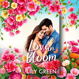 Design a vibrant and colorful book cover for "Love in Bloom" by Lily Green, featuring a couple surrounded by a lush array of flowers, symbolizing romance and new beginnings