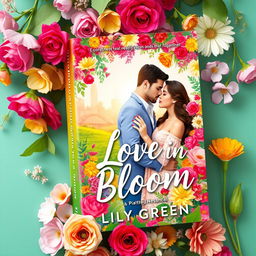 Design a vibrant and colorful book cover for "Love in Bloom" by Lily Green, featuring a couple surrounded by a lush array of flowers, symbolizing romance and new beginnings