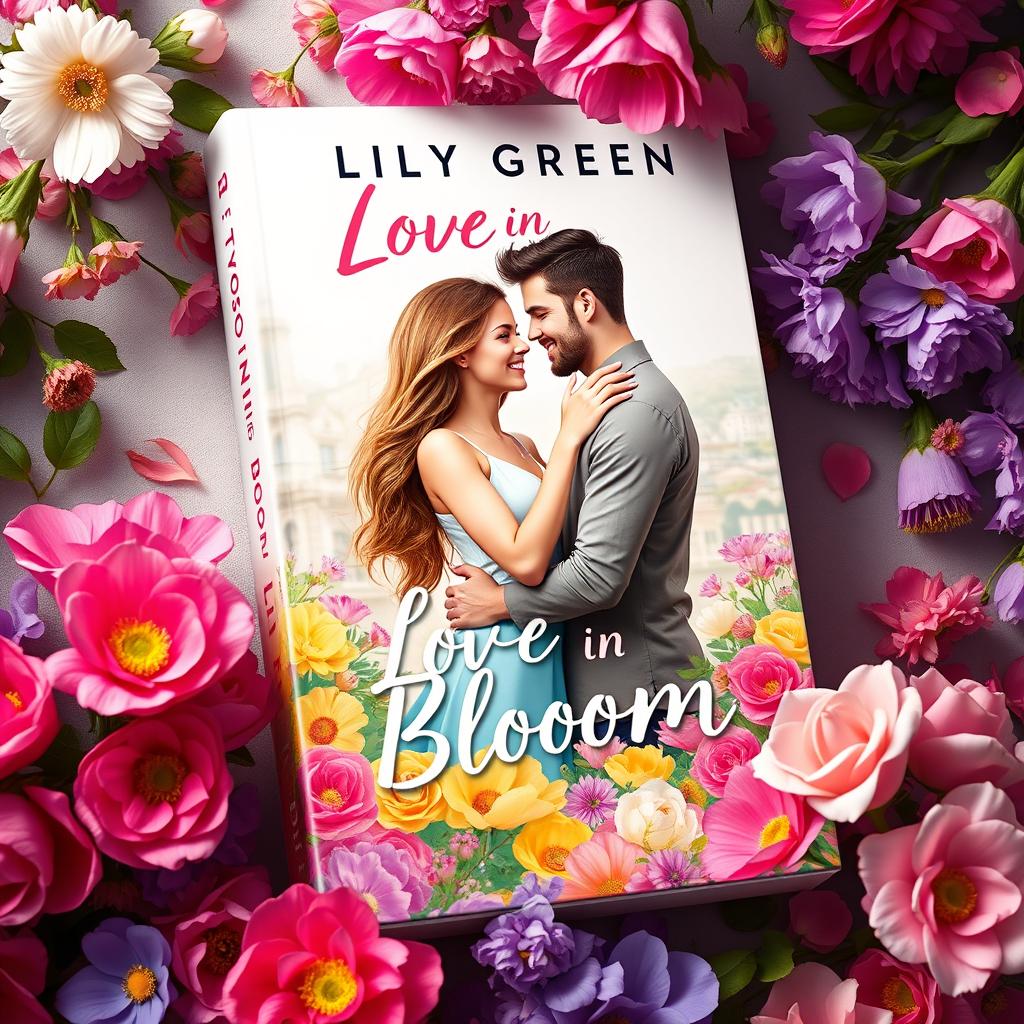 Design a vibrant and colorful book cover for "Love in Bloom" by Lily Green, featuring a couple surrounded by a lush array of flowers, symbolizing romance and new beginnings