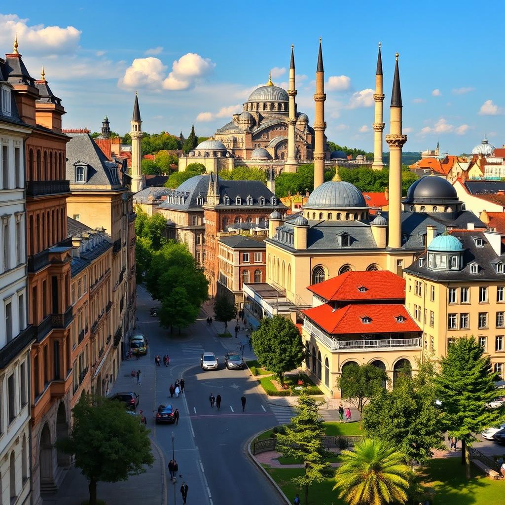 Scenic European cityscape featuring Muslim mosques in the context of the Netherlands, Belgium, Luxembourg, and France