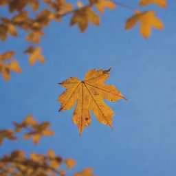 A high-tech drone in mid-flight with a solitary autumn leaf delicately hanging from it