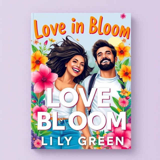 Design a vibrant and colorful cover for "Love in Bloom" by Lily Green, showcasing a happy and carefree couple surrounded by lush, thriving elements symbolizing life and love