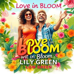 Design a vibrant and colorful cover for "Love in Bloom" by Lily Green, showcasing a happy and carefree couple surrounded by lush, thriving elements symbolizing life and love