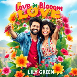 Design a vibrant and colorful cover for "Love in Bloom" by Lily Green, showcasing a happy and carefree couple surrounded by lush, thriving elements symbolizing life and love