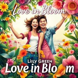 Design a vibrant and colorful cover for "Love in Bloom" by Lily Green, showcasing a happy and carefree couple surrounded by lush, thriving elements symbolizing life and love