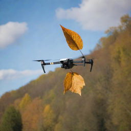 A high-tech drone in mid-flight with a solitary autumn leaf delicately hanging from it