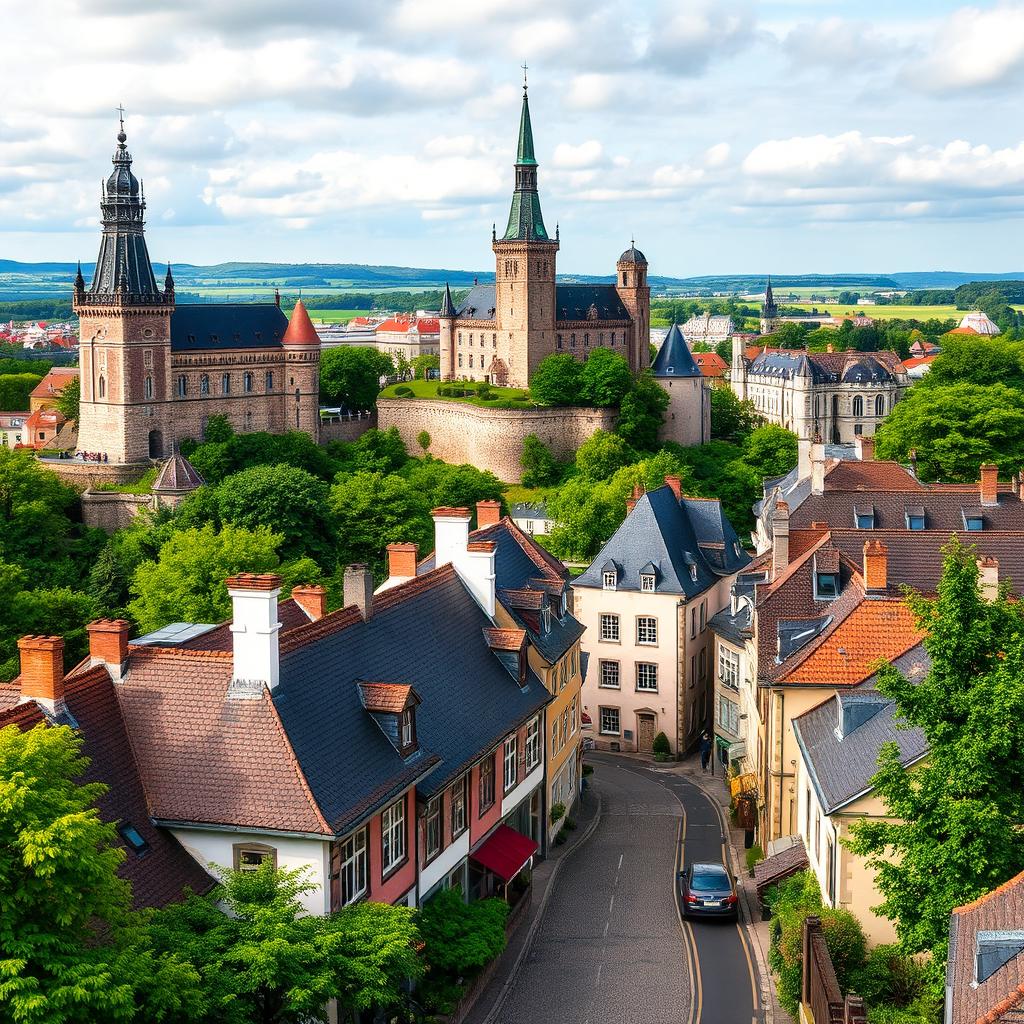 Scenic cityscape featuring iconic castles from the Netherlands, Belgium, Luxembourg, and France