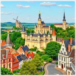 Scenic cityscape featuring iconic castles from the Netherlands, Belgium, Luxembourg, and France