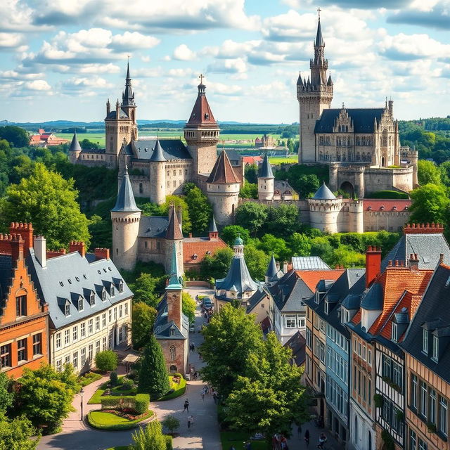 Scenic cityscape featuring iconic castles from the Netherlands, Belgium, Luxembourg, and France