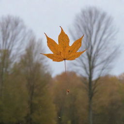 A high-tech drone in mid-flight with a solitary autumn leaf delicately hanging from it