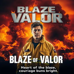 A captivating movie poster showcasing a heroic firefighter standing courageously in front of a blazing inferno