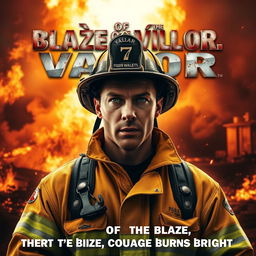 A captivating movie poster showcasing a heroic firefighter standing courageously in front of a blazing inferno