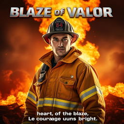 A captivating movie poster showcasing a heroic firefighter standing courageously in front of a blazing inferno