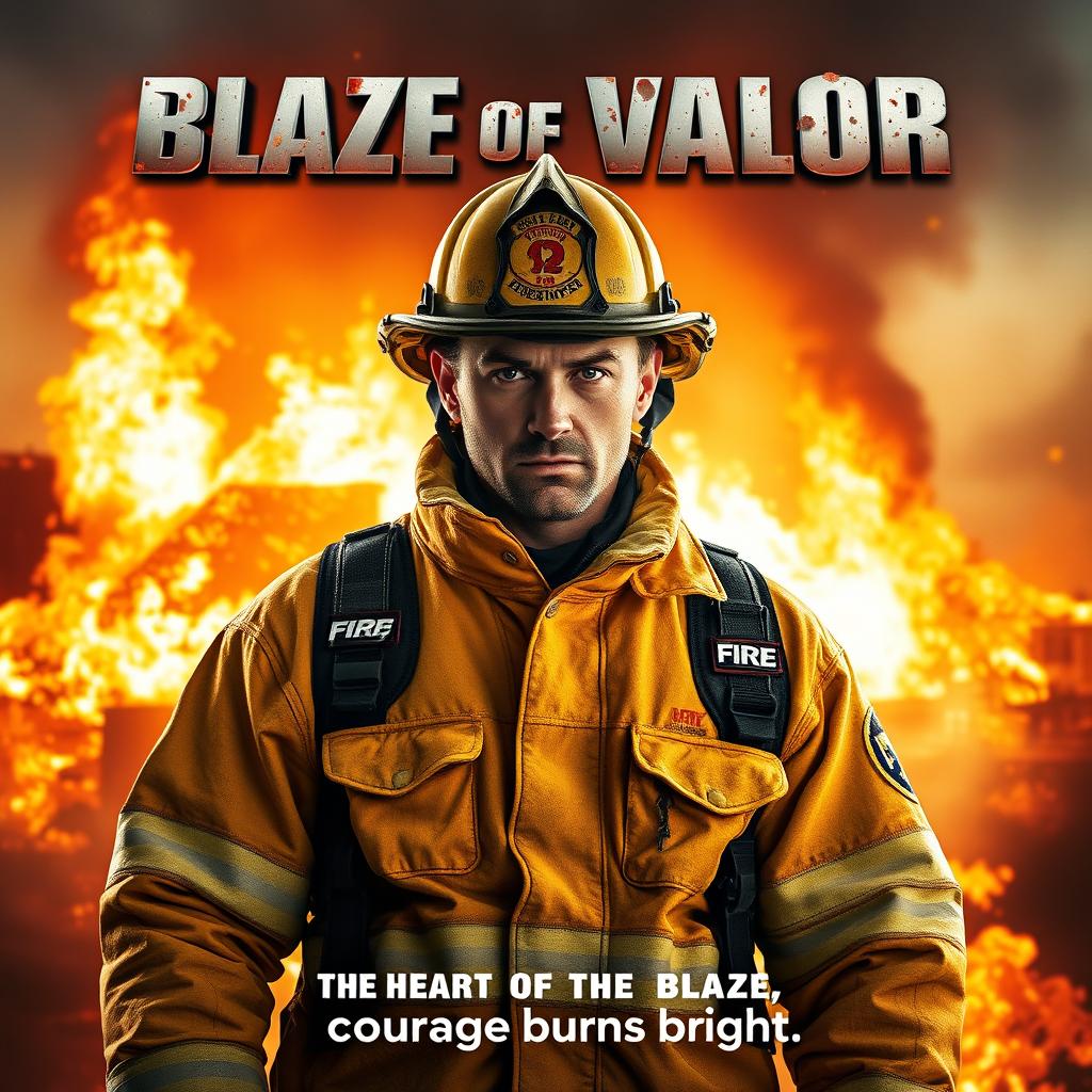 A captivating movie poster showcasing a heroic firefighter standing courageously in front of a blazing inferno