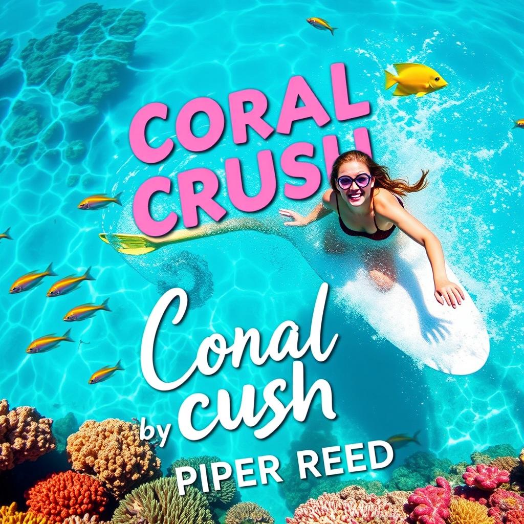 Create a bright and playful book cover for "Coral Crush" by Piper Reed, depicting a couple joyfully snorkeling or surfing in crystal-clear turquoise waters