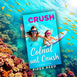 Create a bright and playful book cover for "Coral Crush" by Piper Reed, depicting a couple joyfully snorkeling or surfing in crystal-clear turquoise waters