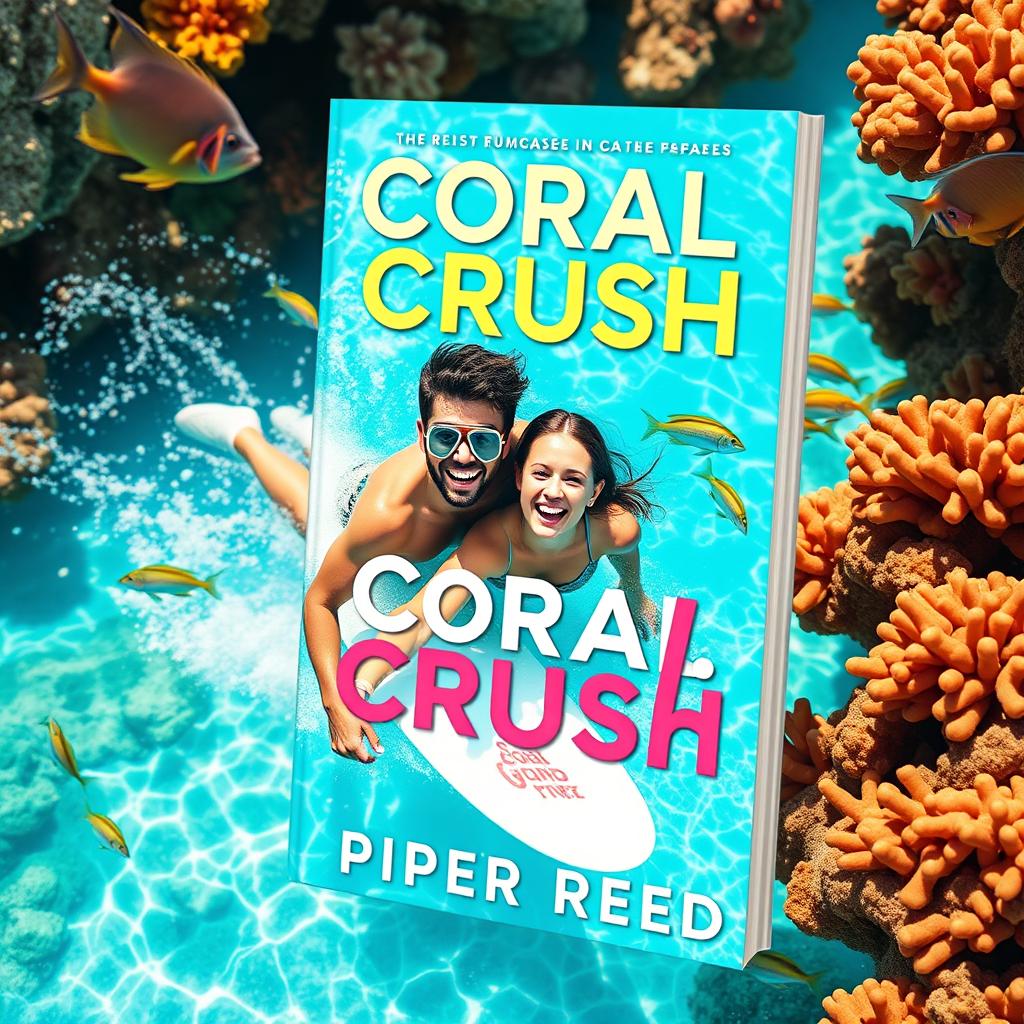 Create a bright and playful book cover for "Coral Crush" by Piper Reed, depicting a couple joyfully snorkeling or surfing in crystal-clear turquoise waters