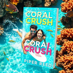 Create a bright and playful book cover for "Coral Crush" by Piper Reed, depicting a couple joyfully snorkeling or surfing in crystal-clear turquoise waters