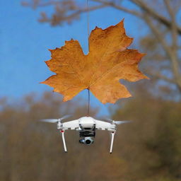 A high-tech drone in mid-flight with a solitary autumn leaf delicately hanging from it