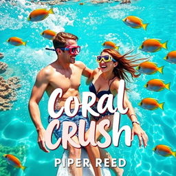 Create a bright and playful book cover for "Coral Crush" by Piper Reed, showcasing a couple engaging in snorkeling or surfing activities in sparkling, crystal-clear turquoise waters