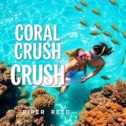 Create a bright and playful book cover for "Coral Crush" by Piper Reed, showcasing a couple engaging in snorkeling or surfing activities in sparkling, crystal-clear turquoise waters