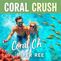 Create a bright and playful book cover for "Coral Crush" by Piper Reed, showcasing a couple engaging in snorkeling or surfing activities in sparkling, crystal-clear turquoise waters