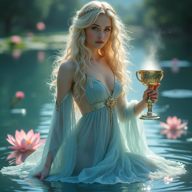 A divine goddess embodying the essence of the Suit of Cups, radiating emotions, relationships, and intuition