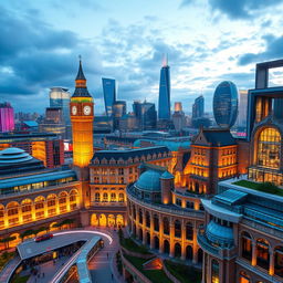 a fusion of modern and traditional architecture in a sprawling cityscape representing a mall city, featuring elements of Northern Ireland, Isle of Man, and Great Britain