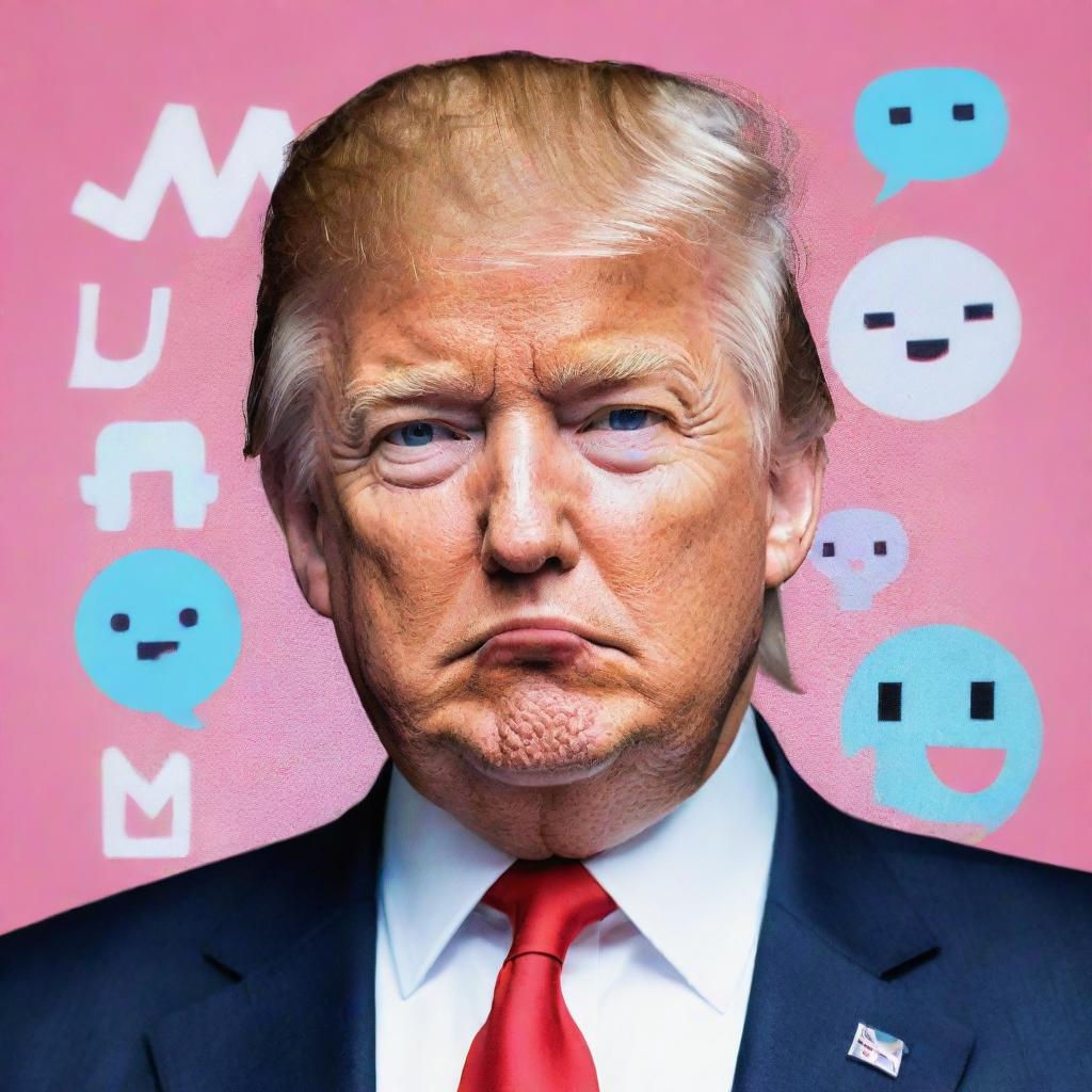 Ultra kawaii-style illustration of Donald Trump with elements of internet culture and memes, with a glitch art effect.