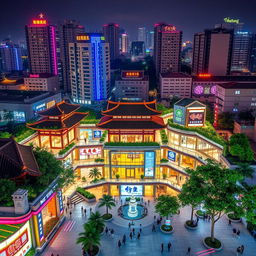 a modern architectural mall set in a cityscape of Guangdong, China, featuring a blend of traditional Chinese design elements and contemporary structures