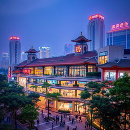 a modern architectural mall set in a cityscape of Guangdong, China, featuring a blend of traditional Chinese design elements and contemporary structures