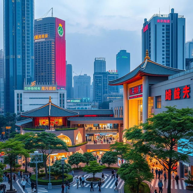 a modern architectural mall set in a cityscape of Guangdong, China, featuring a blend of traditional Chinese design elements and contemporary structures