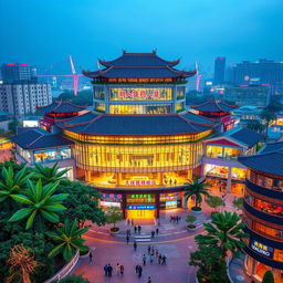 a modern architectural mall set in a cityscape of Guangdong, China, featuring a blend of traditional Chinese design elements and contemporary structures