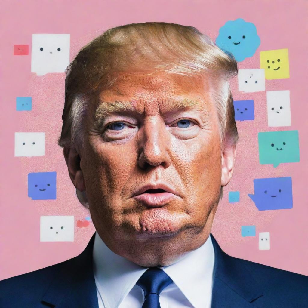 Ultra kawaii-style illustration of Donald Trump with elements of internet culture and memes, with a glitch art effect.