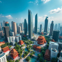 a futuristic aerial view of a cityscape in Guangdong, China, showcasing a harmonious blend of ultra-modern skyscrapers and traditional Chinese architectural elements