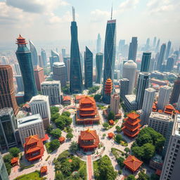 a futuristic aerial view of a cityscape in Guangdong, China, showcasing a harmonious blend of ultra-modern skyscrapers and traditional Chinese architectural elements