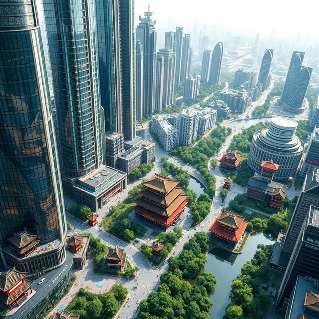 a futuristic aerial view of a cityscape in Guangdong, China, showcasing a harmonious blend of ultra-modern skyscrapers and traditional Chinese architectural elements