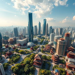 a futuristic aerial view of a cityscape in Guangdong, China, showcasing a harmonious blend of ultra-modern skyscrapers and traditional Chinese architectural elements