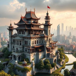 a majestic castle nestled within the bustling cityscape of Guangdong, China, blending traditional Chinese architectural style with medieval European castle elements