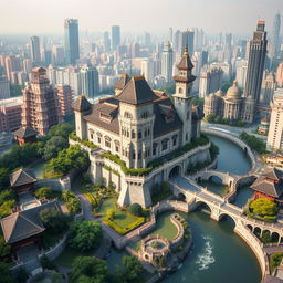 a majestic castle nestled within the bustling cityscape of Guangdong, China, blending traditional Chinese architectural style with medieval European castle elements