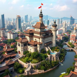 a majestic castle nestled within the bustling cityscape of Guangdong, China, blending traditional Chinese architectural style with medieval European castle elements