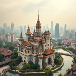 a majestic castle nestled within the bustling cityscape of Guangdong, China, blending traditional Chinese architectural style with medieval European castle elements