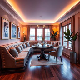 a cozy and elegant dining room featuring a luxurious banquette seating arrangement, complemented by a round wooden dining table