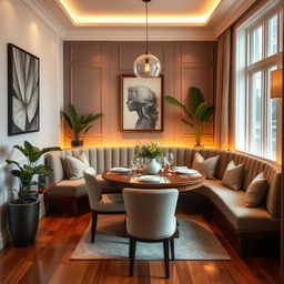 a cozy and elegant dining room featuring a luxurious banquette seating arrangement, complemented by a round wooden dining table