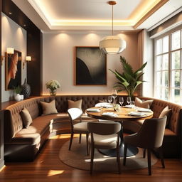 a cozy and elegant dining room featuring a luxurious banquette seating arrangement, complemented by a round wooden dining table