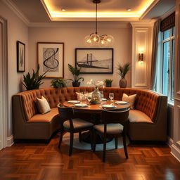 a cozy and elegant dining room featuring a luxurious banquette seating arrangement, complemented by a round wooden dining table