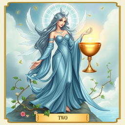 A divine goddess embodying the essence of the Suit of Cups, radiating emotions, relationships, and intuition