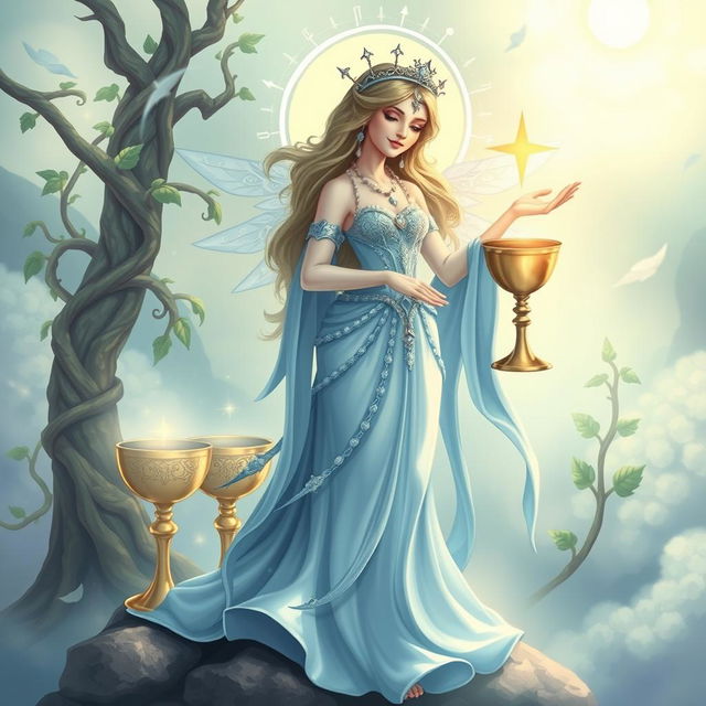 A divine goddess embodying the essence of the Suit of Cups, radiating emotions, relationships, and intuition